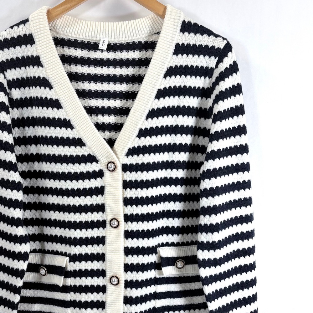 Casly Lamiit Women's L Black White Stripe Button‎ Cardigan Sweater Pearl Buttons